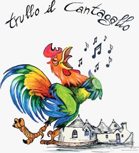 un dessin d'un coq jouant de la musique dans l'établissement Trullo Il cantagallo, à Locorotondo