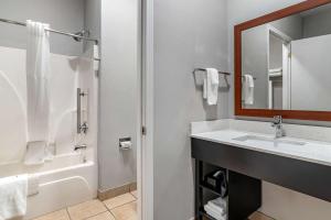 a bathroom with a sink and a mirror and a tub at Quality Inn & Suites in Demopolis