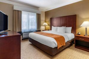 a hotel room with a large bed and a flat screen tv at Comfort Suites Linn County Fairground and Expo in Albany +59 photos