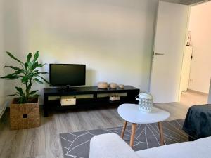ein Wohnzimmer mit einem TV und einem Tisch in der Unterkunft A Casa Vermella con jardín a 10 minutos de Santiago de Compostela in Ortoño