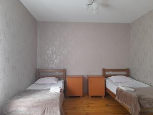 2 Einzelbetten in einem Zimmer mit Holzböden in der Unterkunft Kera Guest House in Kazbegi