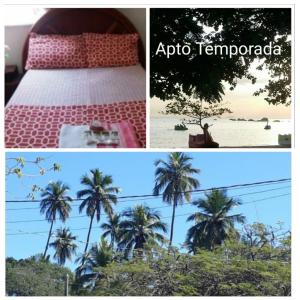 un collage de photos d'une plage et de palmiers dans l'établissement Apto Temporada na Ilha de Paquetá, à Paqueta