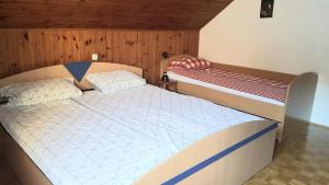 two beds in a room with wooden walls and wooden floors at Pri Šimenc in Mengeš