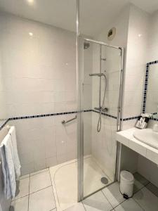 La salle de bains est pourvue d'une douche et d'un lavabo. dans l'établissement Auberge Côté Rivière, à Is-sur-Tille