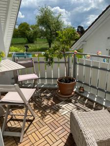 a patio with a potted tree and a table and chairs at Sunshine in Messen
