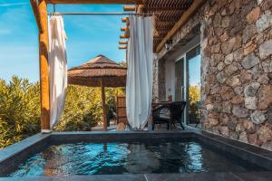 a house with a swimming pool with an umbrella at Hotel Minera in Monticello