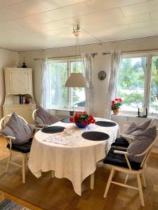 Escape to Your Very Own Private Island - Just 30 Minutes from Stockholm في Svartsjö: غرفة معيشة مع طاولة وكراسي