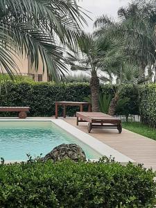 a swimming pool with a bench and palm trees at Casa vacanze ETNA COCUS in Santa Venerina