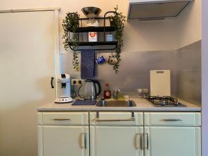 a kitchen with a sink and a counter top at The Pink Studio - Exceptional location IN city center - Unique & Elegant in Namur