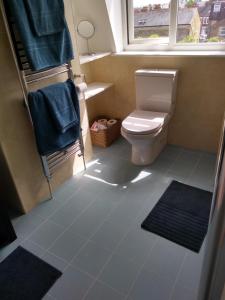 a bathroom with a toilet and a window at Sandra & Andrew's B&B in London