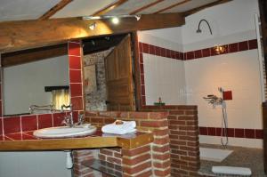 ein Bad mit einem Waschbecken und einem Spiegel in der Unterkunft Restaurant et Chambres d'Hôtes La Ferme de Cornadel in Anduze