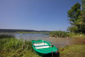 a group of people swimming in a river next to a boat at Appartement Vue Lac in Malbuisson