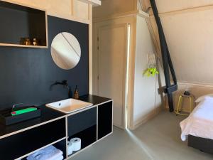 uma casa de banho com um lavatório e um espelho em Het Lage Noorden em Marrum