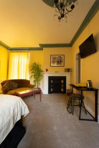 ein Schlafzimmer mit einem Bett und einem Kamin in der Unterkunft Tudhoe Park House in Durham