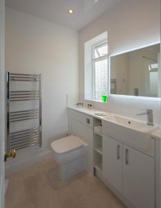 a white bathroom with a toilet and a sink at Tudhoe Park House in Durham