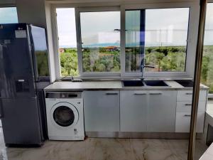 een keuken met een wasmachine, een wastafel en ramen bij Villa Scorpion Nea Moudania Halkidiki in Nea Moudania
