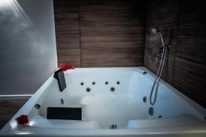 a white bath tub with a shower in a bathroom at Hermitage Hotel in Bat Yam