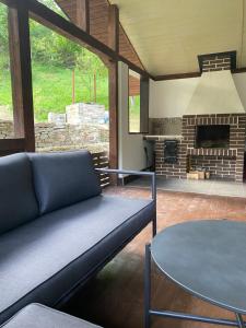 a living room with a couch and a fireplace at Шале Лаванда in Skole