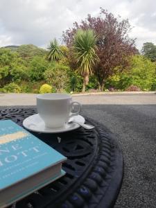 een kopje koffie zittend op een tafel met een boek bij O'Sheas Ceol Na Habhann B&B in Kenmare