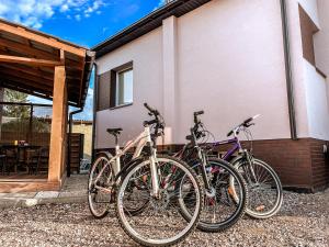 un grupo de bicicletas estacionadas al lado de un edificio en Royal Resident en Druskininkai