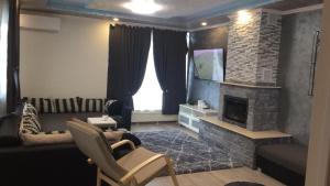 ein Wohnzimmer mit einem Sofa und einem Kamin in der Unterkunft Blue Sky House in Baloteşti