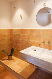 a bathroom with a sink and a potted plant at Can Jove Cadaqués in Cadaqués