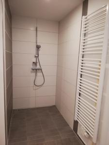 a bathroom with a shower with a glass door at Barrierefreies Appartement auf der Alb in Trochtelfingen