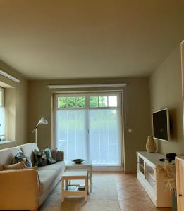 sala de estar con sofá y ventana grande en Auszeit am Lindenpark, en Kühlungsborn