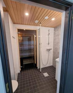 un baño con ducha y WC en Adeli Holiday Cottage Ellivuori, en Sastamala