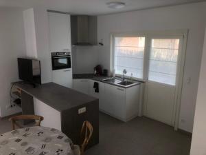 eine kleine Küche mit einer Spüle und einer Theke in der Unterkunft Appartement - Vakantiehuis Manou in De Panne