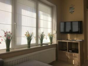 ein Wohnzimmer mit drei Fenstern mit Vasen mit Blumen in der Unterkunft Appartement - Vakantiehuis Manou in De Panne