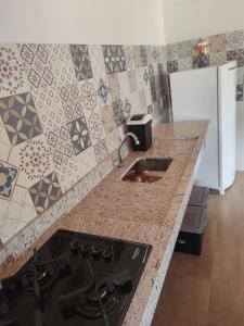 a kitchen with a counter with a sink and a refrigerator at Chalé caminho das cachoeiras in São Thomé das Letras