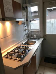 a small kitchen with a stove and a sink at Refugio Alin Patagonia in Coihaique