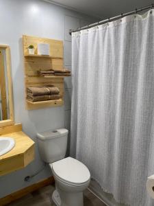 a bathroom with a toilet and a shower curtain at Quest Motel in Whitewood