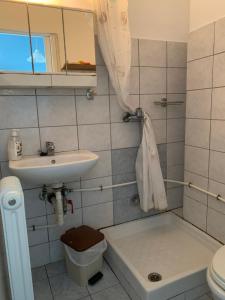 a small bathroom with a sink and a toilet at Alexandras Appartments in Igoumenitsa