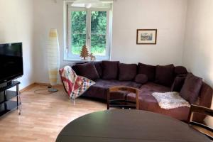 a living room with a brown couch and a table at Cozy Condo close to town, castle, lake and hiking in Wolfsberg