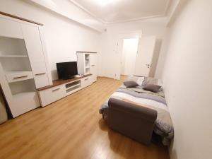 
a room with a bed and a television in it at Stefan cel Mare Lux 2 Rooms apartment centre Chisinau in Chişinău
