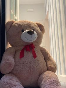 un grand ours en peluche avec un cravate rouge assis dans l'établissement CASA CAMILLA, à Chioggia