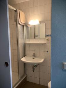ein Bad mit einem Waschbecken und einem Spiegel in der Unterkunft landpension-dette in Berlingerode