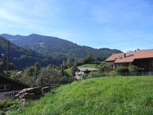 a green hill with houses and mountains in the background at Dorner Rustic Chalet in Gsteigwiler