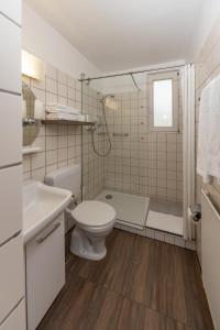 uma casa de banho com um WC, um lavatório e um chuveiro em Villa Feise em Bad Harzburg