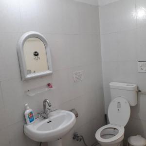 een badkamer met een toilet, een wastafel en een spiegel bij Jaipur Sundeck in Jaipur