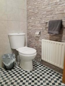 bagno con servizi igienici e pavimento a scacchi di The musical Ceol Cottage 1-Bedroom - Sleeps four a Ballynahinch