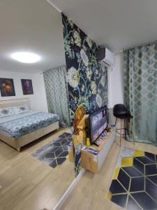 ein Schlafzimmer mit einem Bett und einem TV in einem Zimmer in der Unterkunft Passion by Nights & Smiles in Tuzla