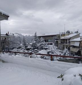 una ciudad cubierta de nieve con edificios y árboles en Apollon inn, en Arachova