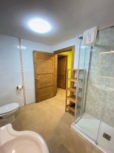 a bathroom with a toilet and a glass shower at Apartamentos Playa Galizano in Galizano