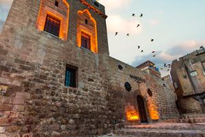 um bando de pássaros voando em torno de um edifício em Mardius Tarihi Konak em Mardin