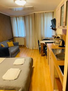 a hotel room with a kitchen and a living room at Studio Kris Villa Park in Borovets