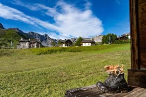 a pair of boots sitting on a grassy field at Kulmwiesli in Arosa