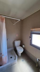 a bathroom with a white toilet and a shower at Domatia me Thea in Elafonisos